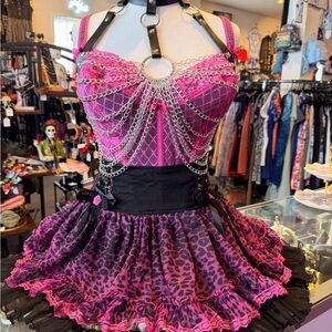 Vintage Grunge Goth Gothic TRIPP Pink & Black Leopard Tulle Tutu Lace Skirt